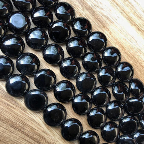 Natural Black Onyx Smooth Beads, Onyx 14 mm Coin Shape Beads