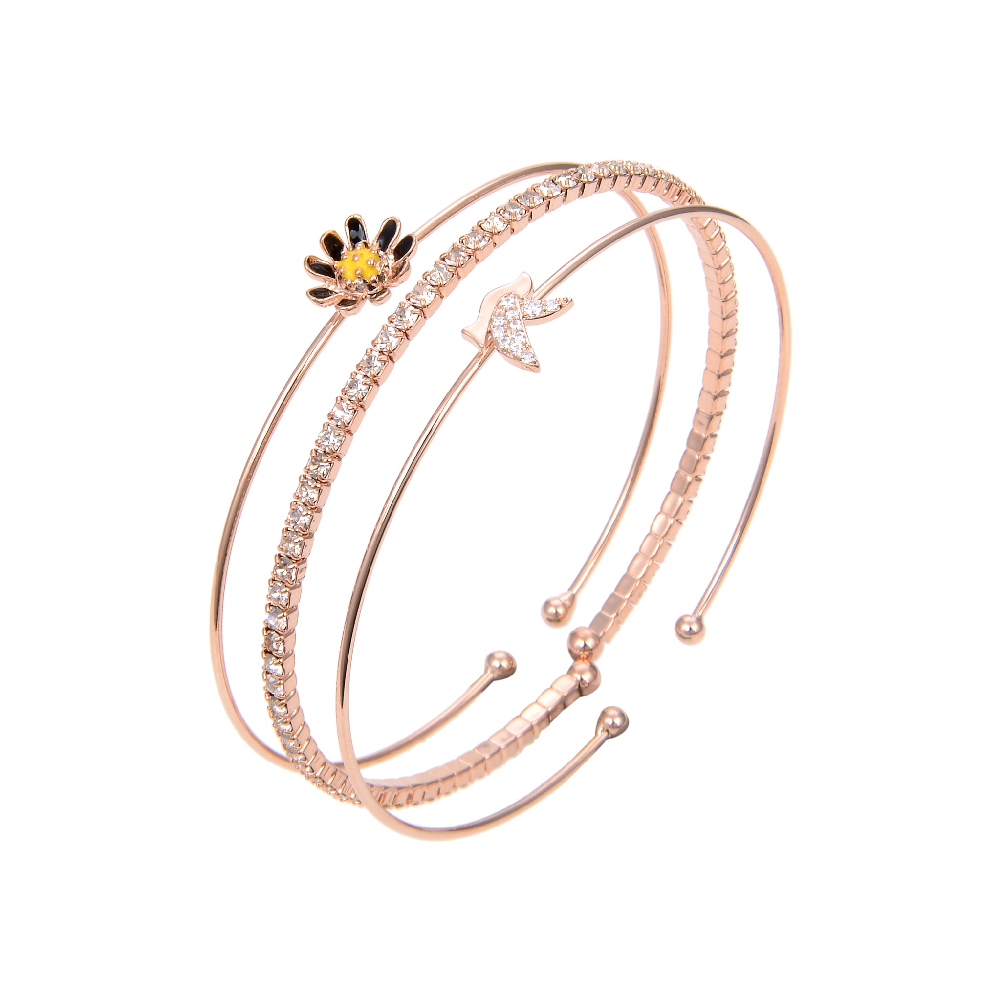 Rose Gold Plated Cubic Zirconia Bangle Bracelet, Rose Gold CZ Flower Shape Bangle Bracelet