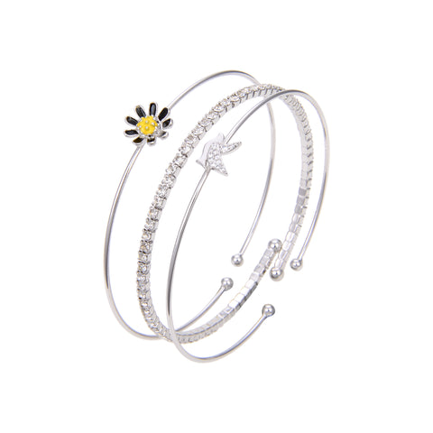 Silver Plated Cubic Zirconia Bangle Bracelet, CZ Flower Print Bangle Bracelet