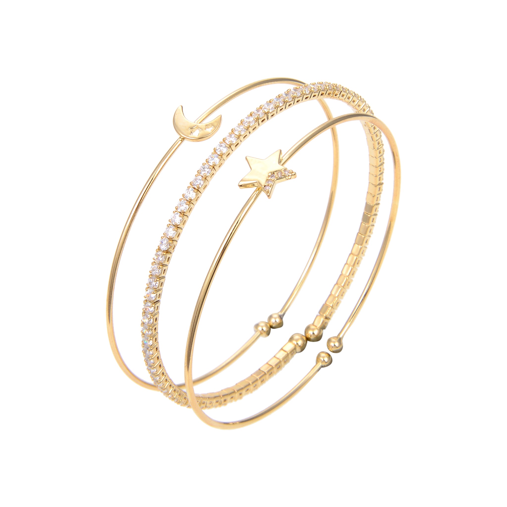 Gold Plated Cubic Zirconia CZ Bangle Bracelet, Star Moon Print Bangle Bracelet