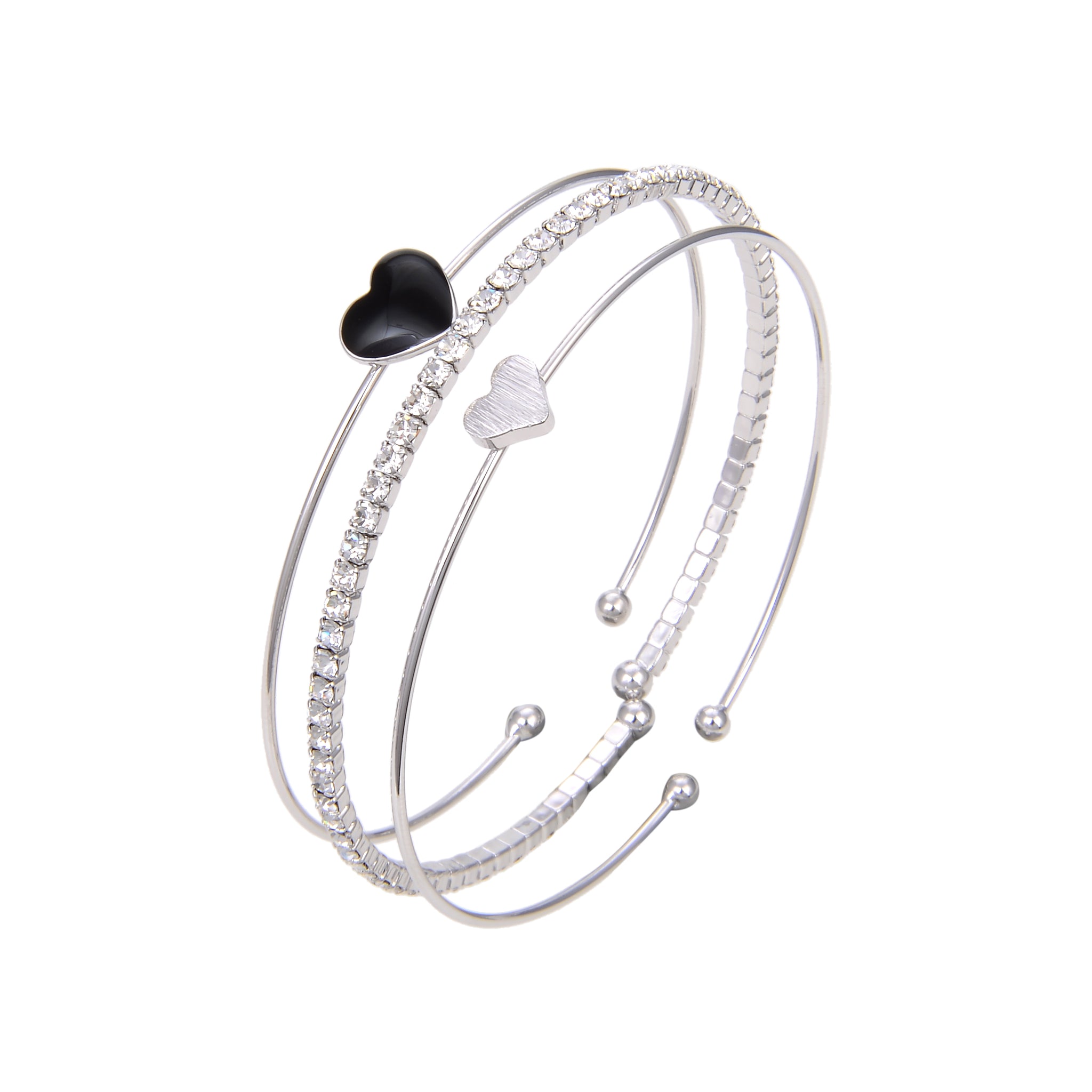 Silver Plated Cubic Zirconia Bangle Bracelet, CZ With Black Onyx Heart Print Bangle Bracelet
