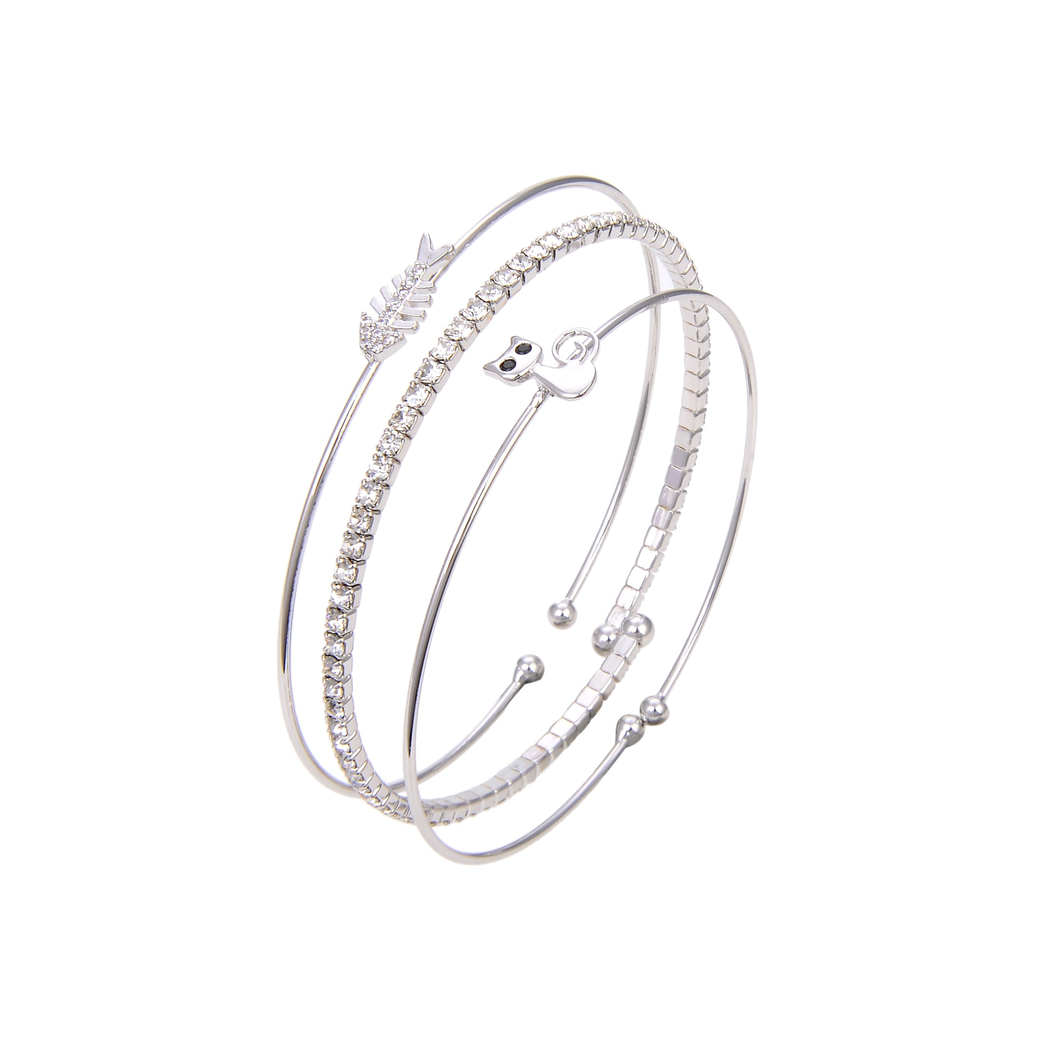 Silver Plated CZ Cubic Zirconia Bangle Bracelet, Round Shape Fish and Cat Print Bangle Bracelet