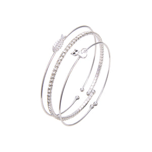 Silver Plated CZ Cubic Zirconia Bangle Bracelet, Round Shape Fish and Cat Print Bangle Bracelet