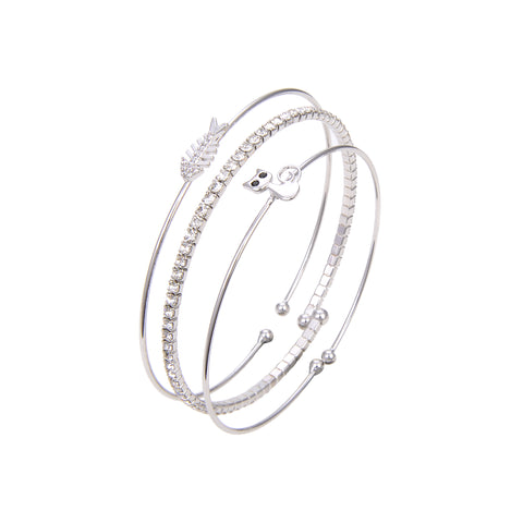 Silver Plated CZ Cubic Zirconia Bangle Bracelet, Round Shape Fish and Cat Print Bangle Bracelet