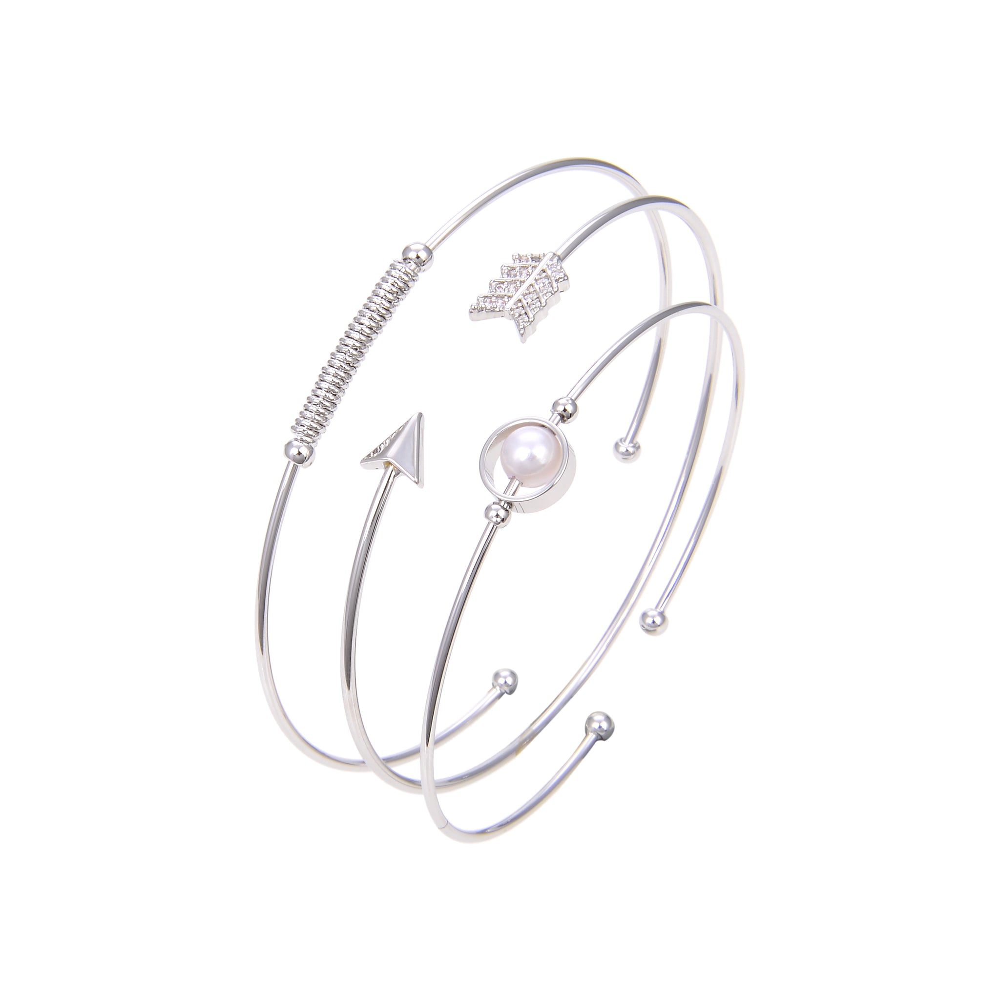 Silver Plated Cubic Zirconia With Pearl Bangle Bracelet, CZ Round Arrow Shape Bangle Bracelet