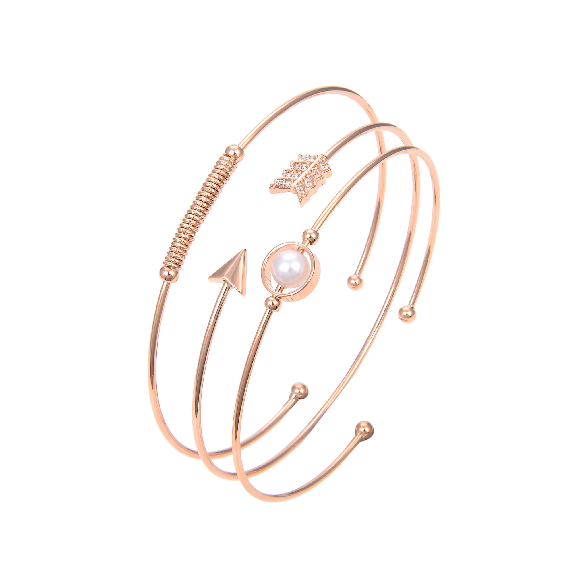 Gold Plated CZ Cubic Zirconia Bangle Bracelet, Round Arrow Shape CZ With Pearl Bangle Bracelet