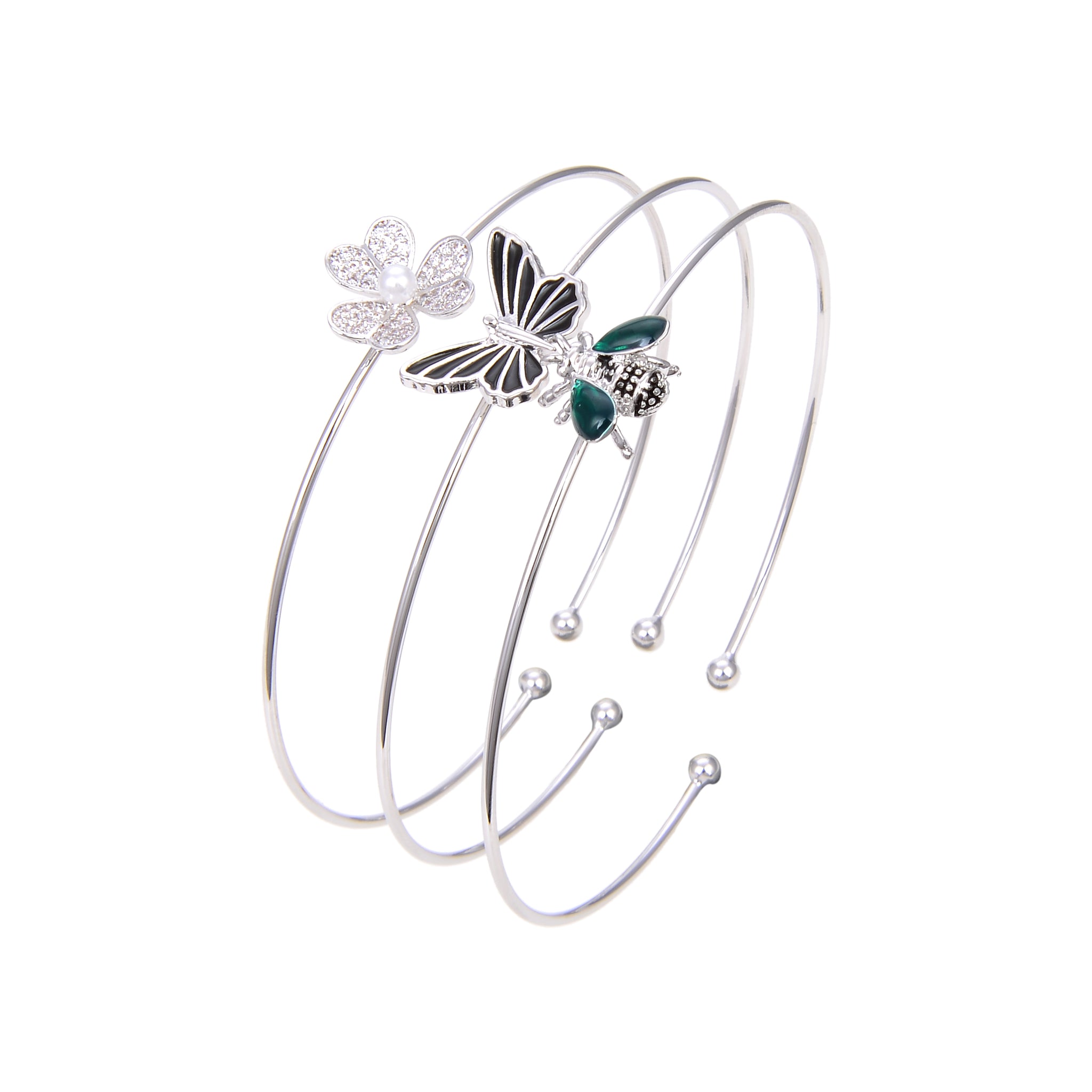 Silver Plated CZ Cubic Zirconia Bangle Bracelet, Black Onyx Butterfly Print CZ Bangle Bracelet
