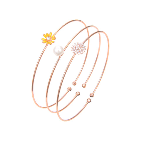 Rose Gold Plated CZ Cubic Zirconia Bangle Bracelet, Pearl Flower Print CZ Bangle Bracelet