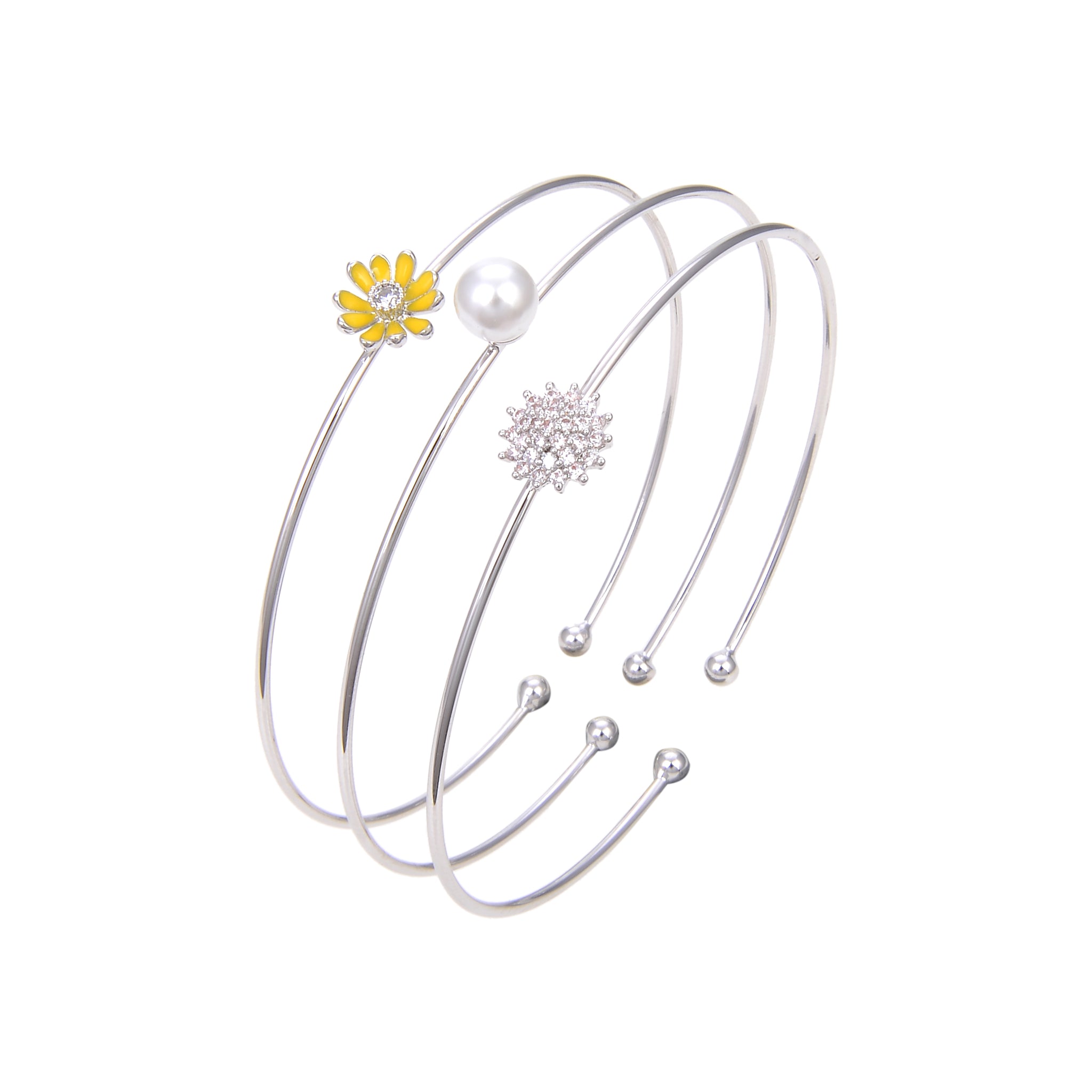 Silver Plated Cubic Zirconia Pearl Bangle Bracelet, Flower Printed CZ Bangle Bracelet