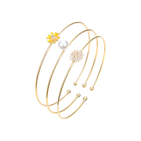 Gold Plated CZ Cubic Zirconia Pearl Bangle Bracelet, Flower Print CZ Bangle Bracele
