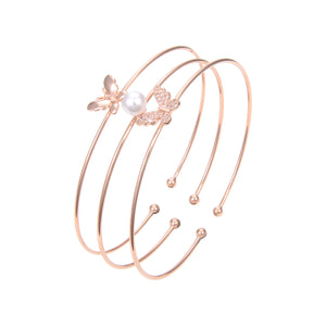 Rose Gold Plated Cubic Zirconia Bangle Bracelet, Pearl CZ Butterfly Bangle Bracelet