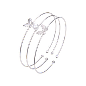 Silver Plated CZ Cubic Zirconia Bangle Bracelet, Butterfly Shape Pearl Adjustable Bangle Bracelet