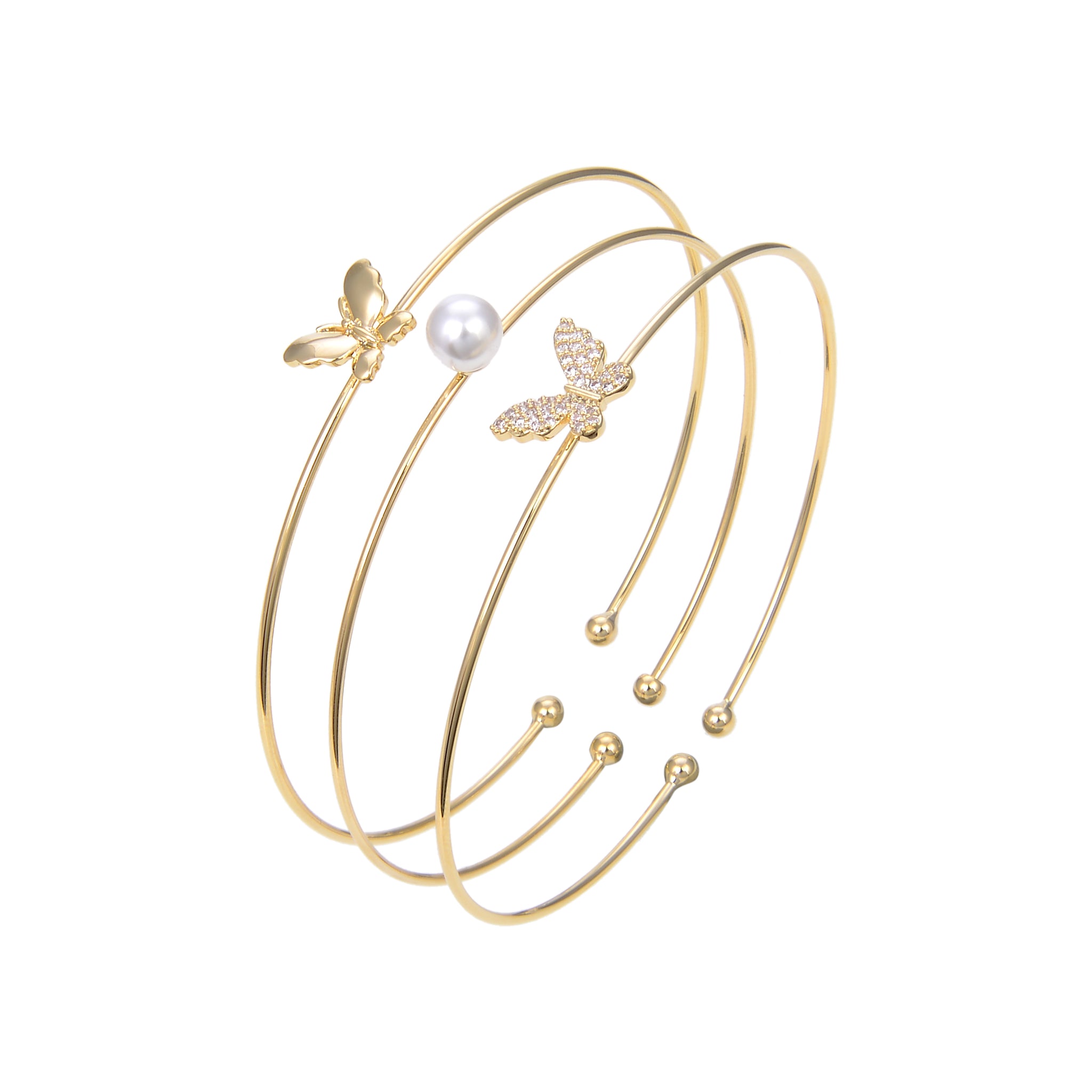 Gold Plated Cubic Zirconia Bangle Bracelet, Pearl Butterfly Shape CZ Bangle Bracelet