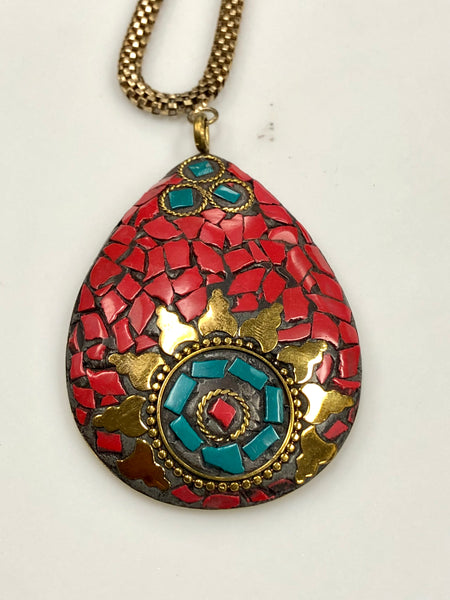 Coral and Turquoise Boho Tibetan Pendant Necklace
