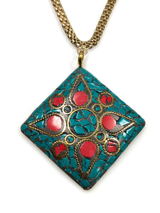 Coral and Turquoise Boho Tibetan Pendant Necklace