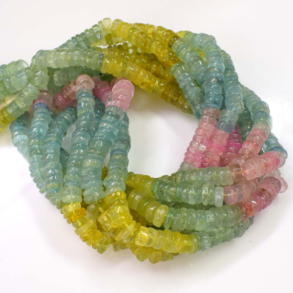 Natural Multi Aquamarine Gemstone Beads, Heishi Rondelle Shape 6-7 mm Aquamarine Beads, Multi Aquamarine Beads