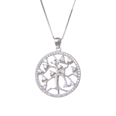 92.5 Sterling Silver Necklace with Tree of Life CZ Cubic Zirconia Round Pendant