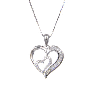 92.5 Sterling Silver Necklace with Heart in Heart Shaped CZ Cubic Zirconia Pendant