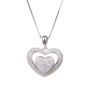 92.5 Sterling Silver Necklace with CZ Cubic Zirconia Double Heart Shape Pendant