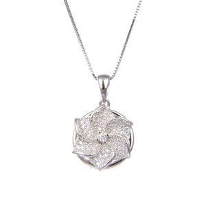 92.5 Sterling Silver Necklace With CZ Cubic Zirconia Spin Flower Shape Pendant