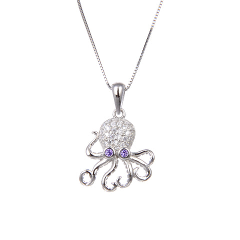 92.5 Sterling Silver Necklace With CZ Cubic Zirconia Octopus Shape Pendant