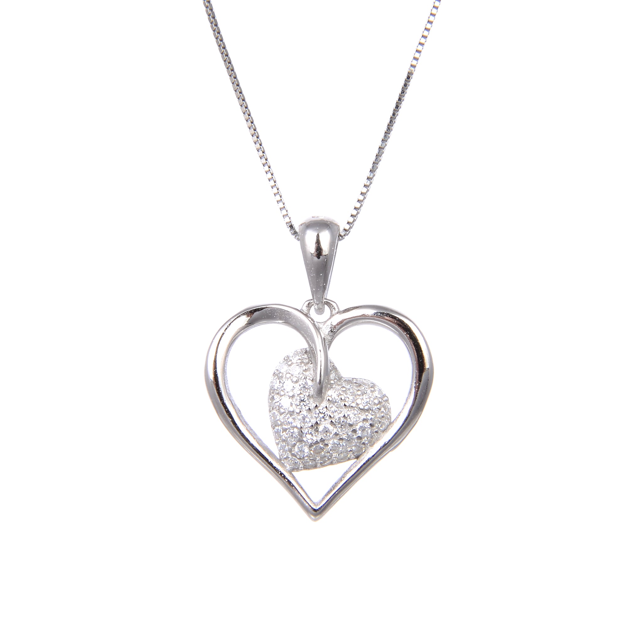 92.5 Sterling Silver Necklace With CZ Cubic Zirconia Love Heart Shape Pendant