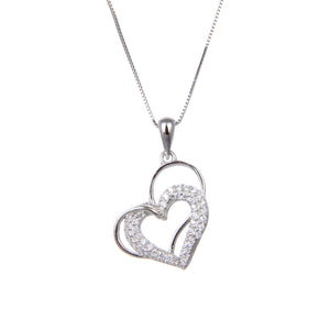 92.5 Sterling Silver Necklace With CZ Cubic Zirconia Double Heart Shape Pendant