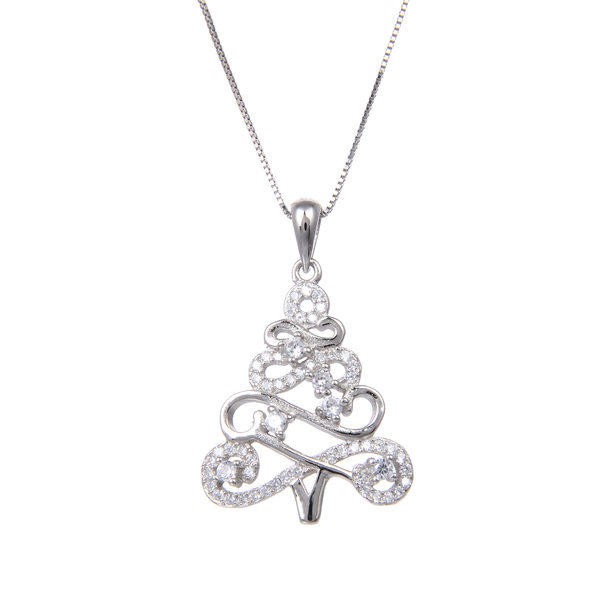 92.5 Sterling Silver Necklace With CZ Cubic Zirconia Christmas Tree Shape Pendant