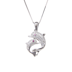 92.5 Sterling Silver CZ Cubic Zirconia Dolphin Fish Shape Pendant with Sterling Silver Necklace