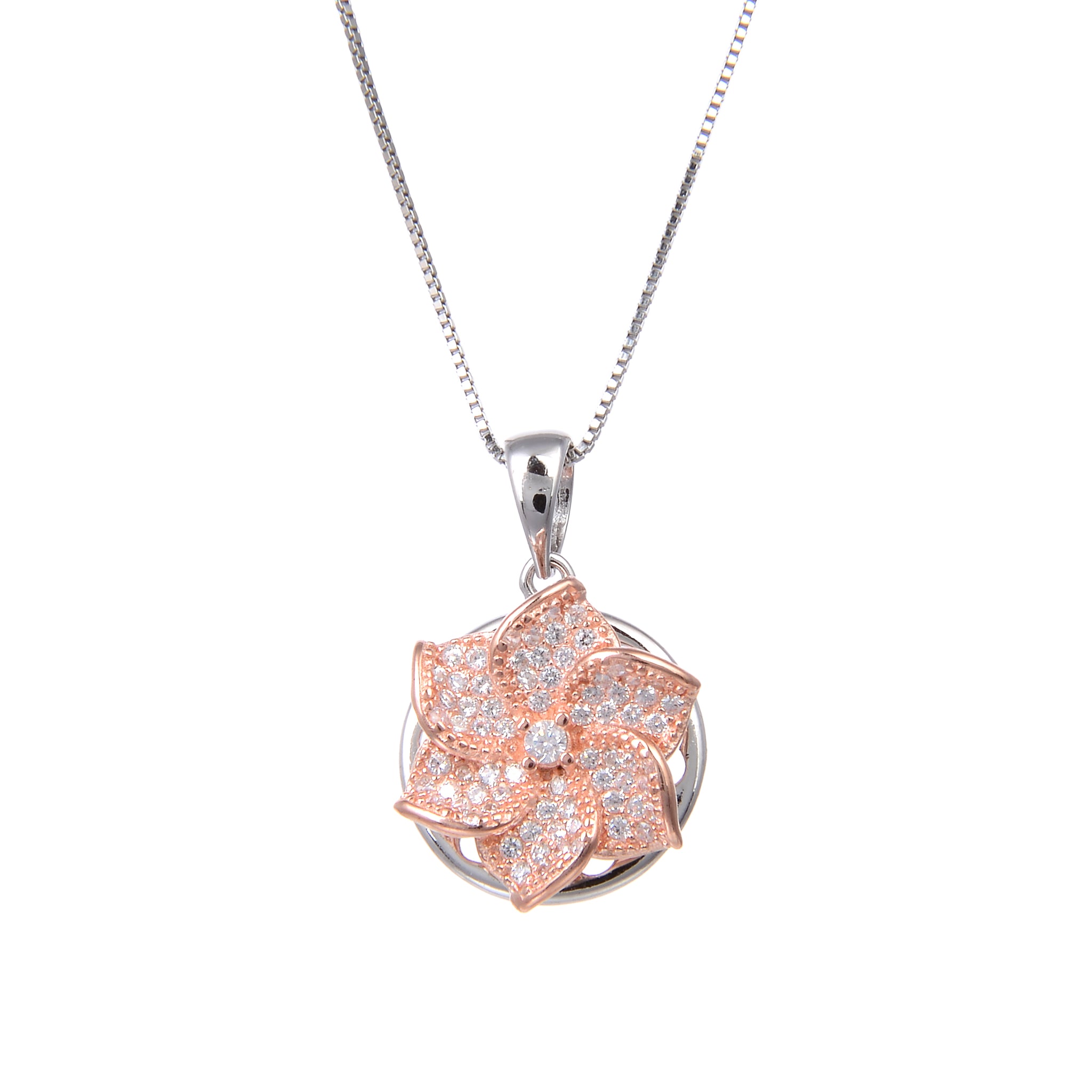 92.5 Sterling Silver Rose Gold Plated Spin Flower Shape CZ Cubic Zirconia Pendant with Sterling Silver Necklace Chain