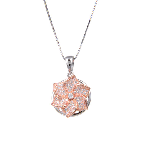 92.5 Sterling Silver Rose Gold Plated Spin Flower Shape CZ Cubic Zirconia Pendant with Sterling Silver Necklace Chain