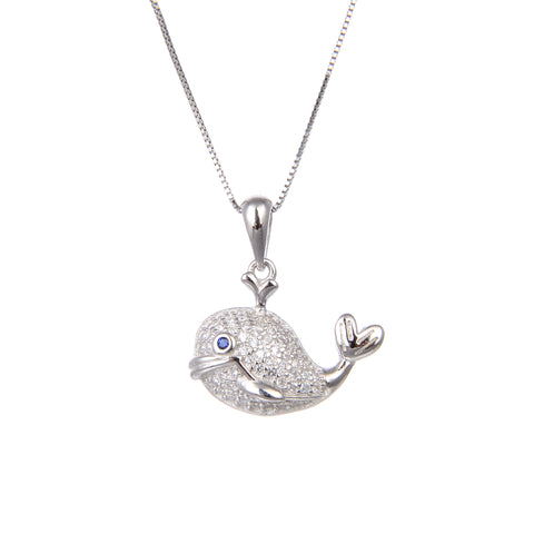 92.5 Sterling Silver CZ Cubic Zirconia Fish Shape Pendant with Sterling Silver Necklace Chain