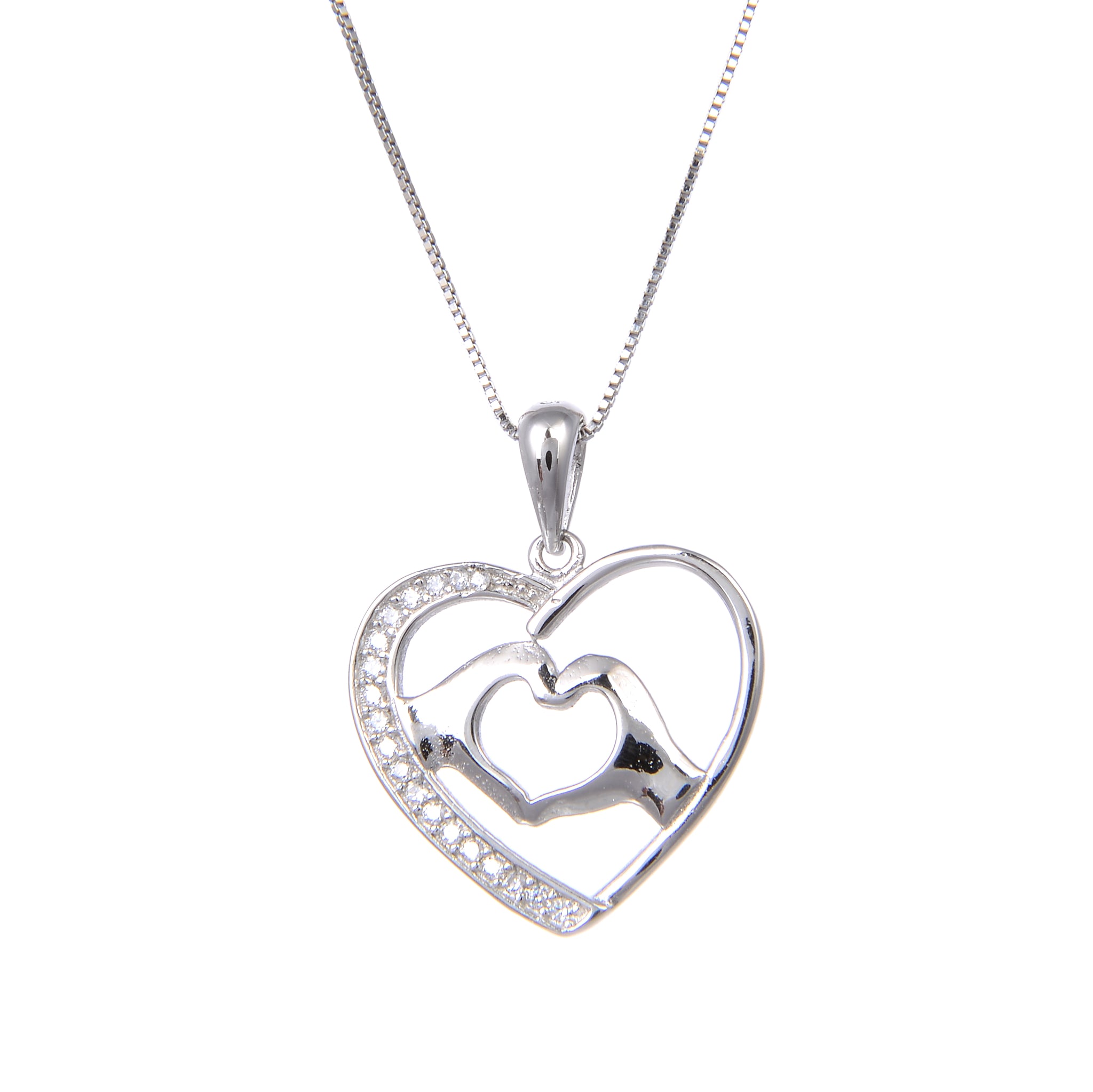 92.5 Sterling Silver CZ Cubic Zirconia Love Heart Shape Pendant with Sterling Silver Necklace Chain