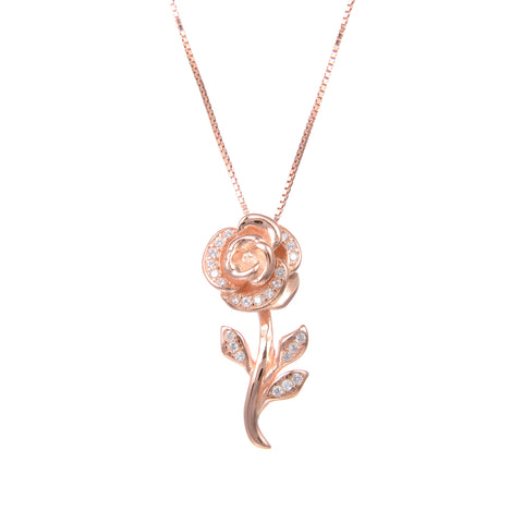 92.5 Sterling Silver Necklace Chain With CZ Cubic Zirconia Rose Gold Rose Flower Shape Pendant