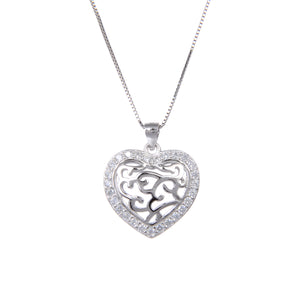 92.5 Sterling Silver Heart Shape CZ Cubic Zirconia Pendant with Sterling Silver Necklace Chain