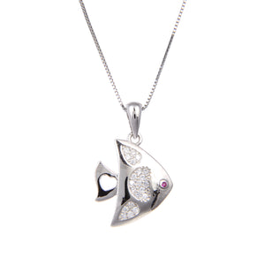 92.5 Sterling Silver Necklace Chain With CZ Cubic Zirconia Sterling Silver Fish Shape Pendant