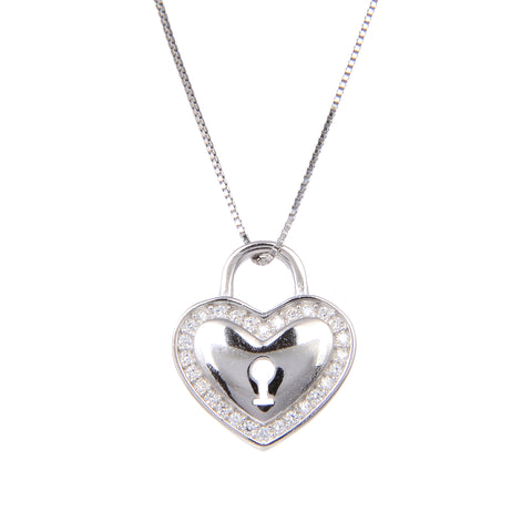 92.5 Sterling Silver Lock Heart Shape CZ Cubic Zirconia Pendant with Sterling Silver Necklace Chain