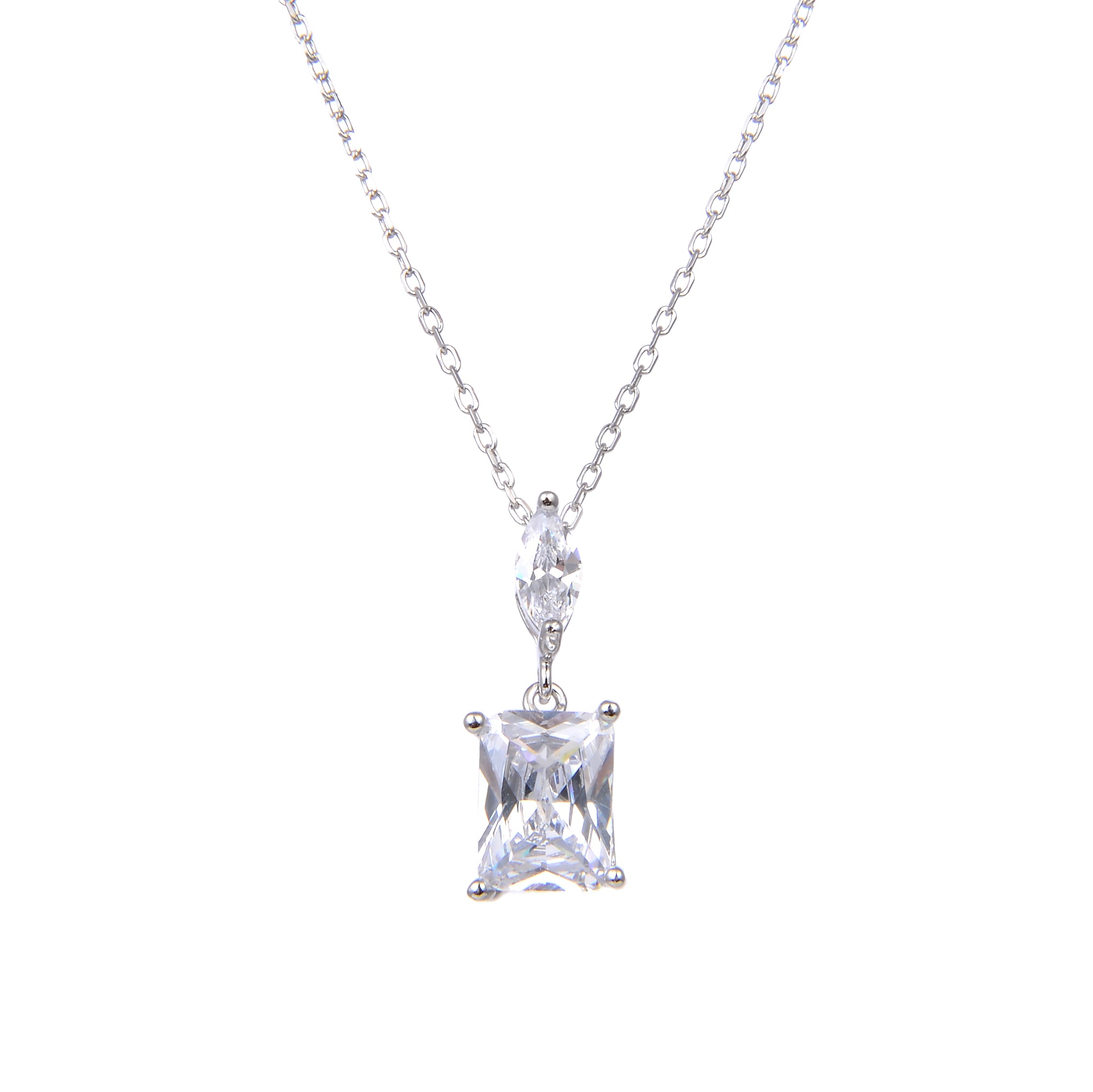 92.5 Sterling Silver Necklace Chain With CZ Cubic Zirconia Sterling Silver Emerald Cut Stud Pendant