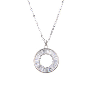 92.5 Sterling Silver CZ Cubic Zirconia Round Shape Baguette Pendant with Sterling Silver Necklace Chain