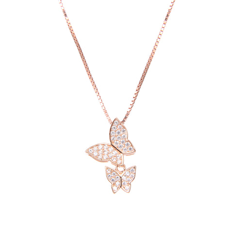 92.5 Sterling Silver Necklace Chain With CZ Cubic Zirconia Sterling Silver Rose Gold Plated Double Butterfly Shape Pendant