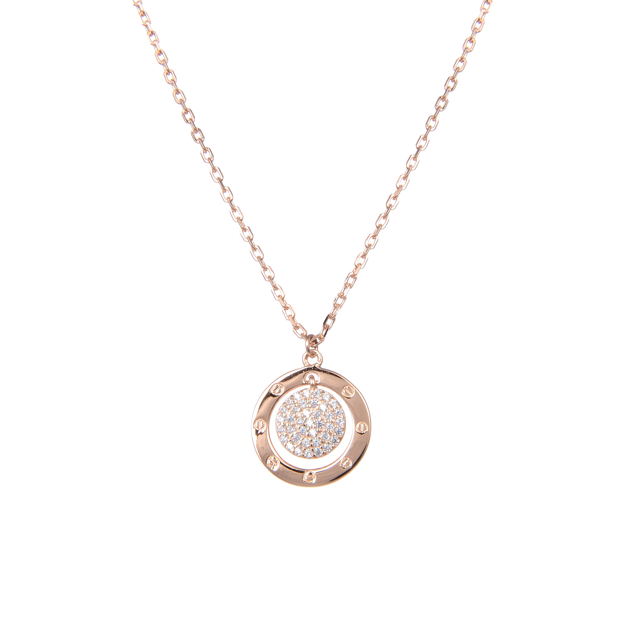 92.5 Sterling Silver Necklace Chain With CZ Cubic Zirconia Rose Gold Plated Double Ring Shape Sterling Silver Pendant