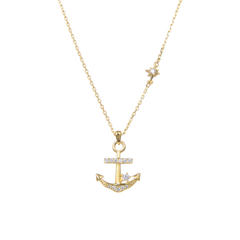 92.5 Sterling Silver Gold Plated CZ Cubic Zirconia Anchor Shape Pendants With Sterling Silver Chain 18" Long