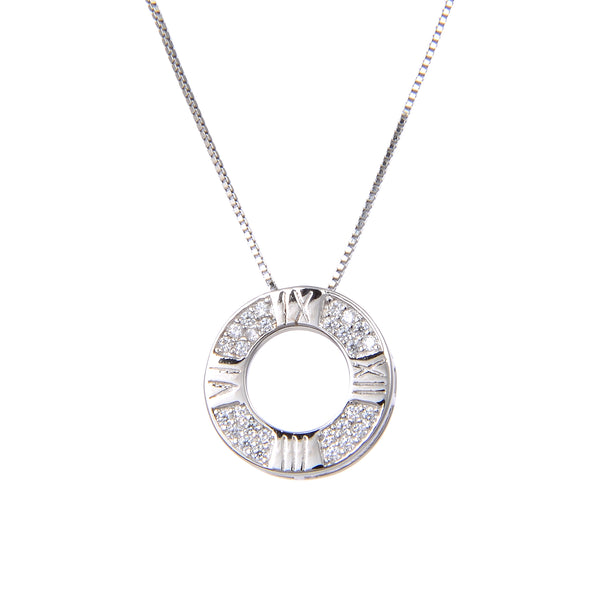 925 Sterling Silver Circle Clock Cubic Zircon CZ Pendant with Sterling Silver Necklace Chain 18"