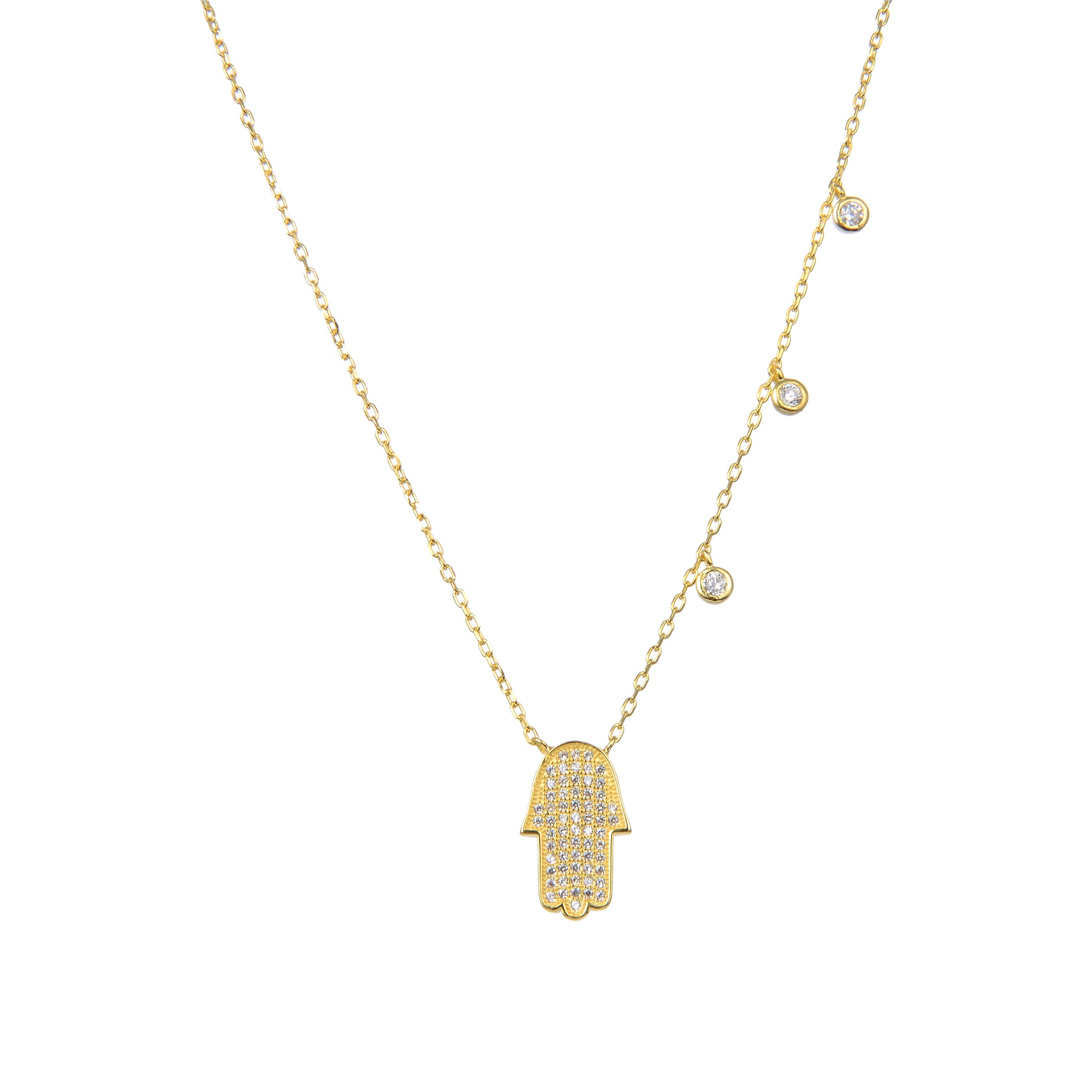 92.5 Sterling Silver Cubic Zirconia Gold Plated Hamas Hand Shape CZ Pendant with Sterling Silver Necklace Chain