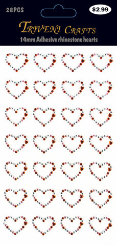 Rhinestone Heart Stickers - 14MM - Red/Clear
