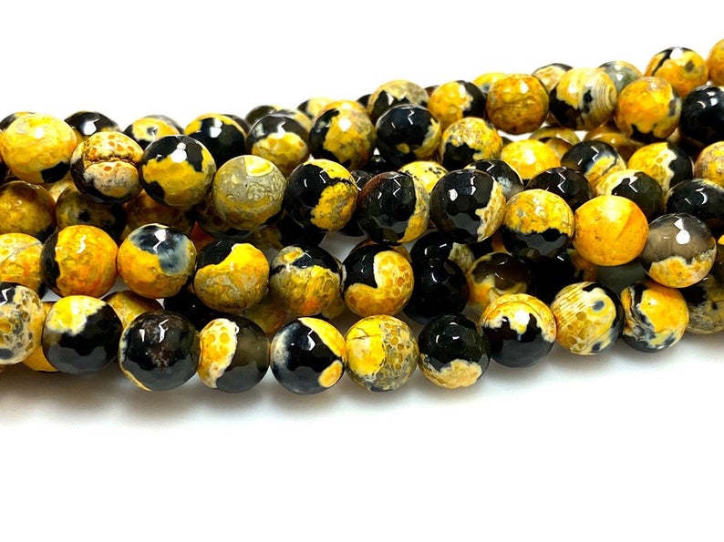 Natural Yellow Black Agate Beads, Faceted 8mm Round Beads