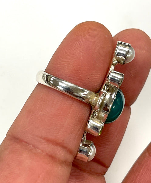 Solid 925 Sterling Silver and Natural AAA+ Green Onyx, Peridot, Pearl Gemstone Ring, Size 7 Handmade Ring, Boho, Healing Energy Gemstone