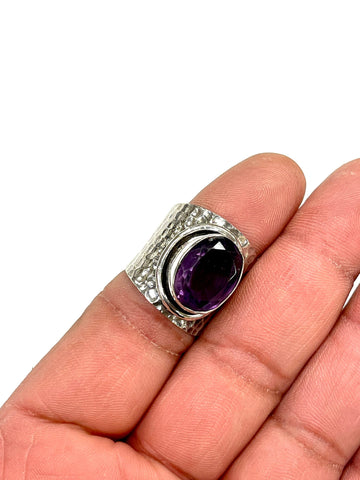 Solid 925 Sterling Silver and Natural AAA+ Amethyst Faceted Gemstone Ring, Size 7 Handmade Ring, Boho Hippie Style, Healing Energy Gemstone