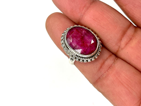 Solid 925 Sterling Silver and  Natural AAA+ Ruby Gemstone Ring, Size 7 Handmade Ring, Boho Hippie Style, Healing Energy Gemstone