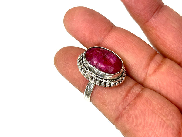 Solid 925 Sterling Silver and  Natural AAA+ Ruby Gemstone Ring, Size 7 Handmade Ring, Boho Hippie Style, Healing Energy Gemstone